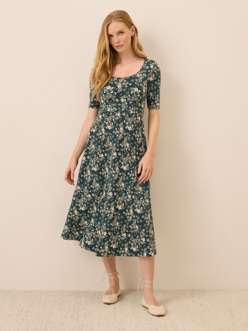 Pact Organic Cotton Fit & Flare Floral Scoop Neck Midi Dress in Teal Size Small